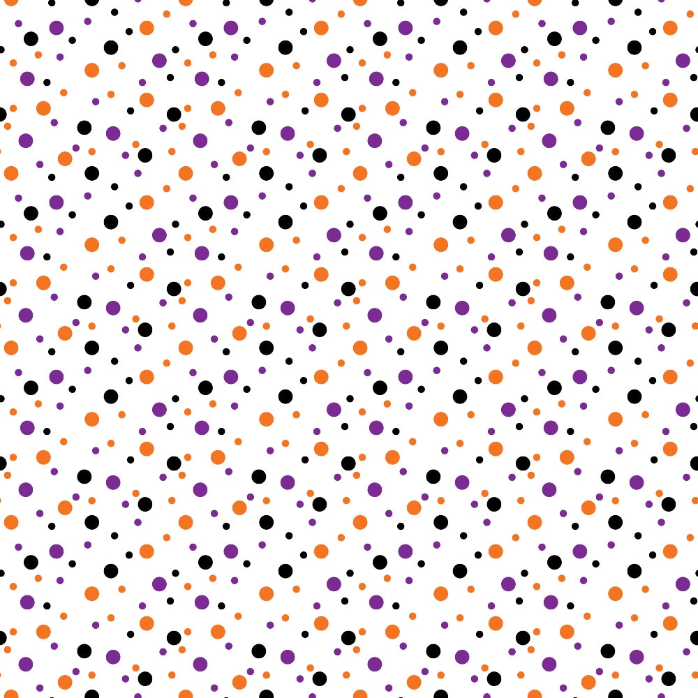 orange, purple, black, polka dots, confetti pattern, scattered dots, geometric design, modern style,, fabric panel, halloween colors, festive, random placement, circular motifs, contemporary pattern, craft fabric, sewing material, abstract design, playful mood