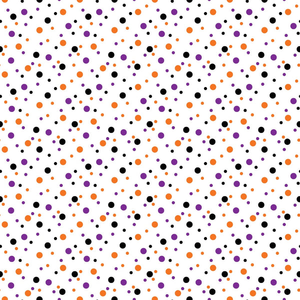 orange, purple, black, polka dots, confetti pattern, scattered dots, geometric design, modern style,, fabric panel, halloween colors, festive, random placement, circular motifs, contemporary pattern, craft fabric, sewing material, abstract design, playful mood