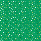 green background, white dots, yellow dots, olive dots, polka dots, confetti pattern, scattered circles, geometric design,, fabric panel, bright colors, random placement, playful pattern, cheerful mood, small dots, medium dots, varied sizes, festive design, cotton fabric, craft material