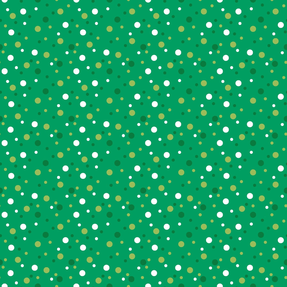 green background, white dots, yellow dots, olive dots, polka dots, confetti pattern, scattered circles, geometric design,, fabric panel, bright colors, random placement, playful pattern, cheerful mood, small dots, medium dots, varied sizes, festive design, cotton fabric, craft material