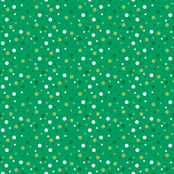 green background, white dots, yellow dots, olive dots, polka dots, confetti pattern, scattered circles, geometric design,, fabric panel, bright colors, random placement, playful pattern, cheerful mood, small dots, medium dots, varied sizes, festive design, cotton fabric, craft material