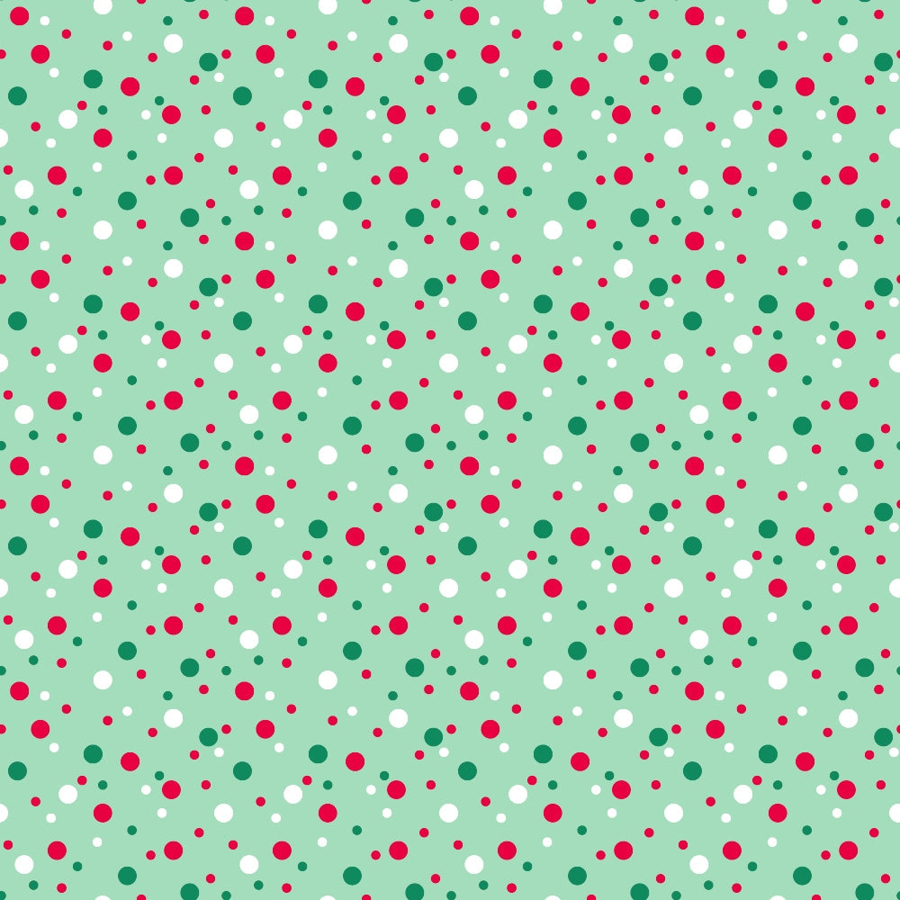 mint green, sage green, red dots, white dots, dark green dots, polka dots, confetti pattern, scattered dots,, fabric panel, festive colors, christmas colors, holiday theme, geometric pattern, repeating pattern, cheerful design, craft fabric, sewing material, cotton fabric
