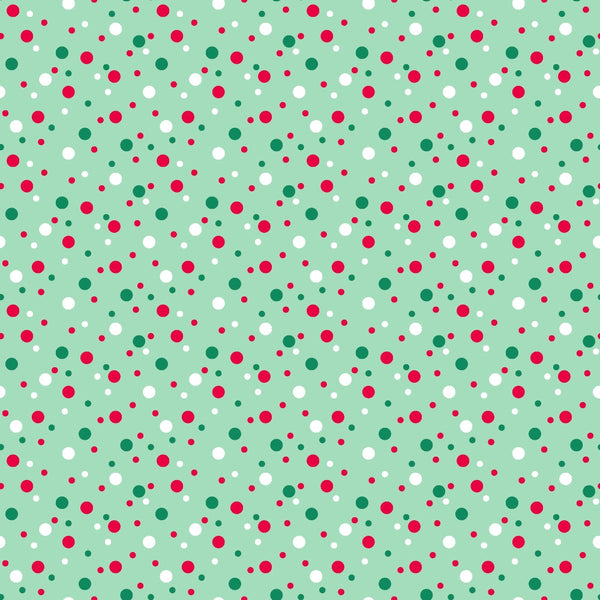 mint green, sage green, red dots, white dots, dark green dots, polka dots, confetti pattern, scattered dots,, fabric panel, festive colors, christmas colors, holiday theme, geometric pattern, repeating pattern, cheerful design, craft fabric, sewing material, cotton fabric