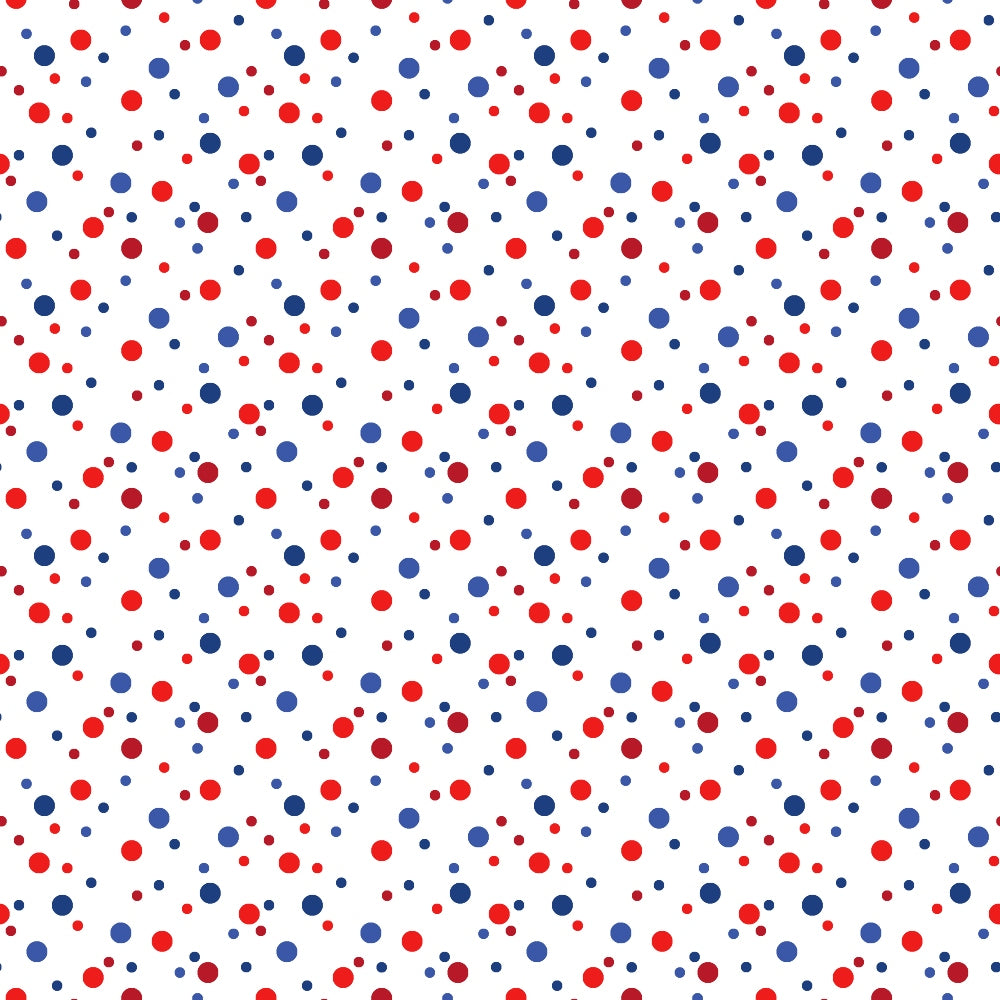 red dots, blue dots, confetti pattern, scattered circles, polka dots, random placement, patriotic colors, geometric design, small dots, medium dots,, fabric panel, cheerful pattern, festive design, americana theme, dotted fabric, circular motifs, bright colors, cotton fabric, repetitive pattern