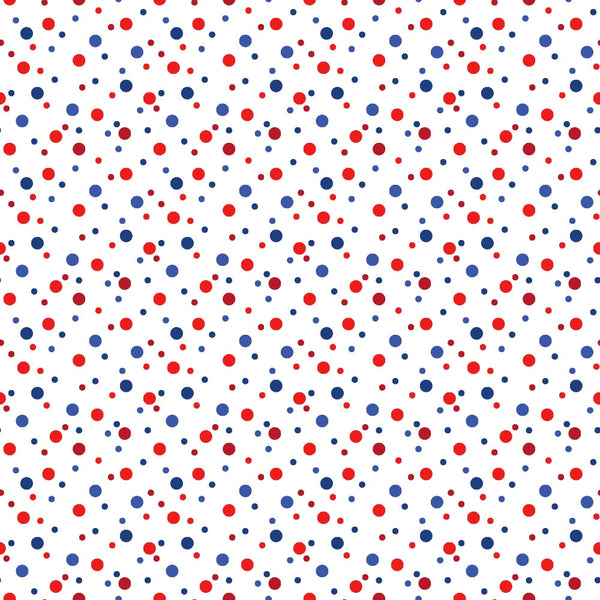 red dots, blue dots, confetti pattern, scattered circles, polka dots, random placement, patriotic colors, geometric design, small dots, medium dots,, fabric panel, cheerful pattern, festive design, americana theme, dotted fabric, circular motifs, bright colors, cotton fabric, repetitive pattern