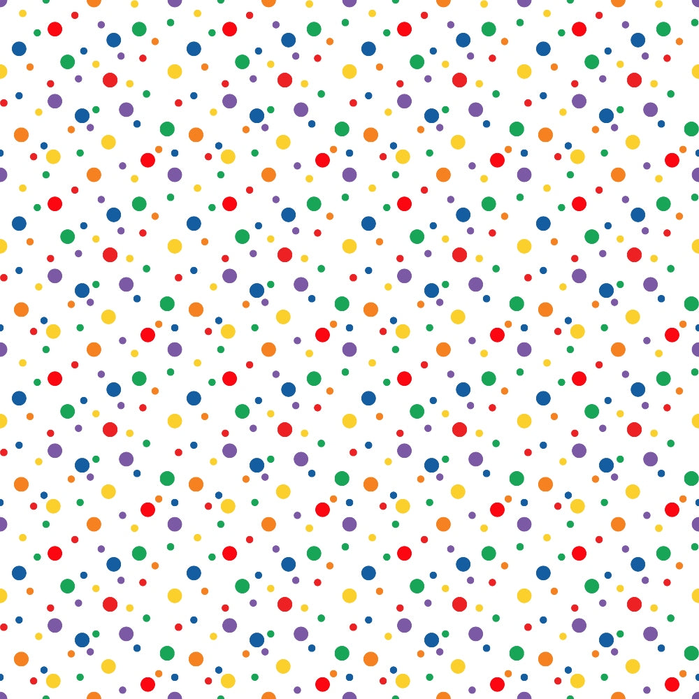 multicolored dots, polka dots, confetti pattern, scattered circles, red dots, blue dots, green dots, yellow dots, orange dots, purple dots, white background, random placement, playful design, geometric pattern,, fabric panel, cheerful mood, bright colors, small dots, repeating pattern