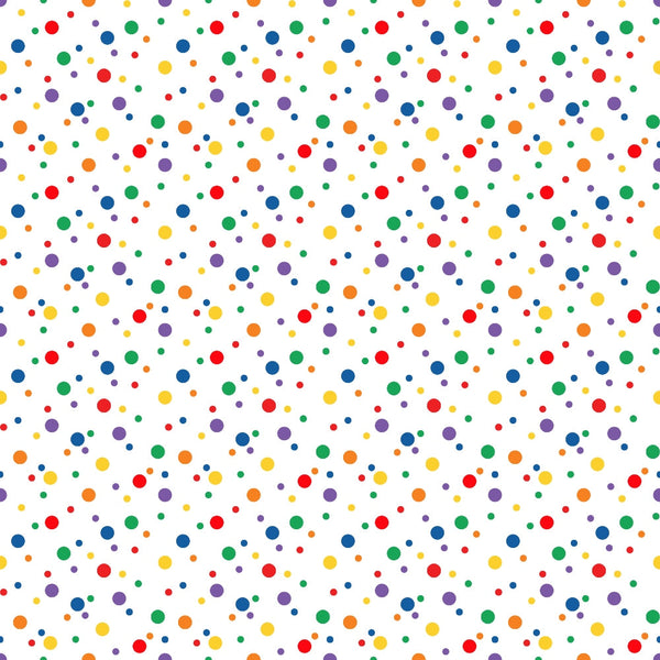 multicolored dots, polka dots, confetti pattern, scattered circles, red dots, blue dots, green dots, yellow dots, orange dots, purple dots, white background, random placement, playful design, geometric pattern,, fabric panel, cheerful mood, bright colors, small dots, repeating pattern