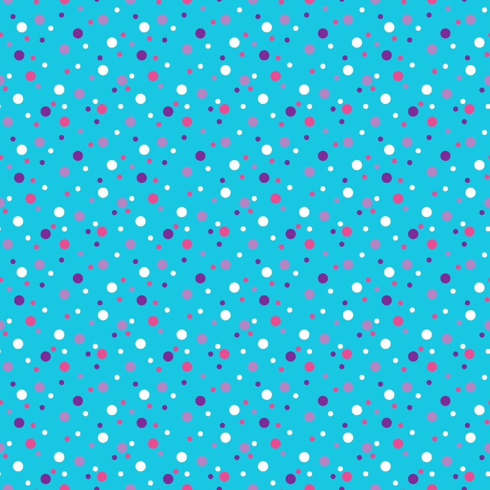 turquoise background, confetti dots, polka dots, scattered circles, white dots, pink dots, purple dots, magenta dots, geometric pattern, random placement, playful design, cheerful mood,, fabric panel, bright colors, festive pattern, multicolored dots, vibrant turquoise, celebration theme, joyful aesthetic