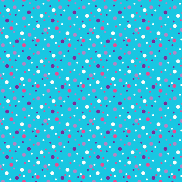 turquoise background, confetti dots, polka dots, scattered circles, white dots, pink dots, purple dots, magenta dots, geometric pattern, random placement, playful design, cheerful mood,, fabric panel, bright colors, festive pattern, multicolored dots, vibrant turquoise, celebration theme, joyful aesthetic