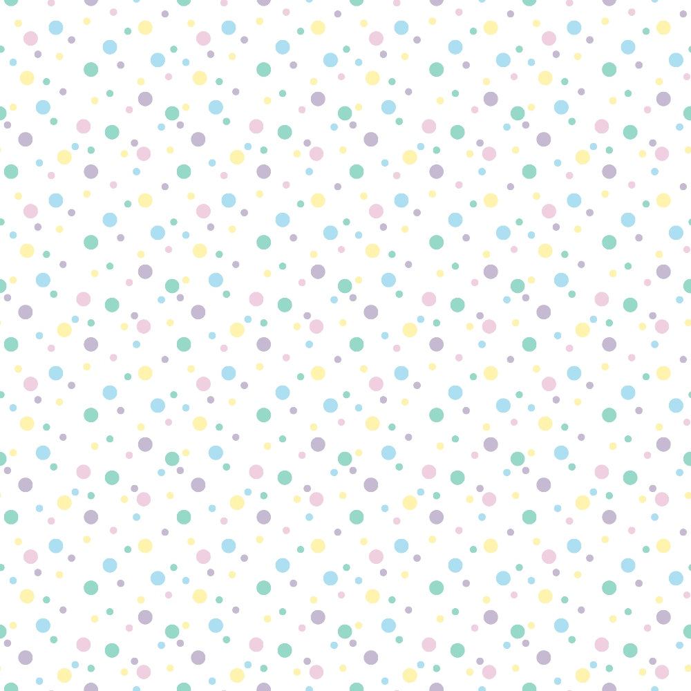 pastel colors, polka dots, confetti pattern, scattered circles, soft pink, mint green, lavender purple, sky blue, pale yellow, random dot placement, whimsical design,, fabric panel, gentle pattern, multi-colored dots, cheerful mood, baby-friendly colors, geometric circles, repeating pattern, cotton fabric