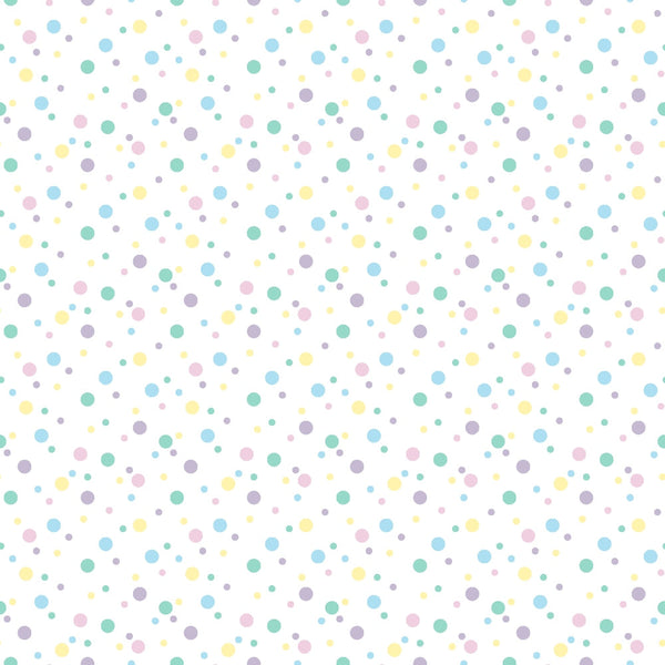 pastel colors, polka dots, confetti pattern, scattered circles, soft pink, mint green, lavender purple, sky blue, pale yellow, random dot placement, whimsical design,, fabric panel, gentle pattern, multi-colored dots, cheerful mood, baby-friendly colors, geometric circles, repeating pattern, cotton fabric