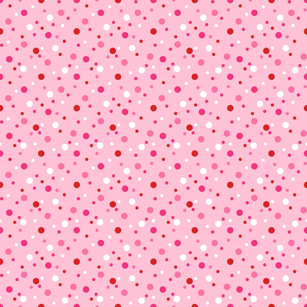 pink background, polka dots, confetti dots, scattered circles, white dots, red dots, magenta dots, coral dots, random pattern, playful design, geometric pattern,, fabric panel, cheerful mood, multicolored dots, varying sizes, festive pattern, cotton fabric, craft fabric, sewing material