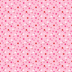 pink background, polka dots, confetti dots, scattered circles, white dots, red dots, magenta dots, coral dots, random pattern, playful design, geometric pattern,, fabric panel, cheerful mood, multicolored dots, varying sizes, festive pattern, cotton fabric, craft fabric, sewing material