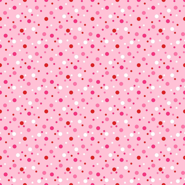 pink background, polka dots, confetti dots, scattered circles, white dots, red dots, magenta dots, coral dots, random pattern, playful design, geometric pattern,, fabric panel, cheerful mood, multicolored dots, varying sizes, festive pattern, cotton fabric, craft fabric, sewing material
