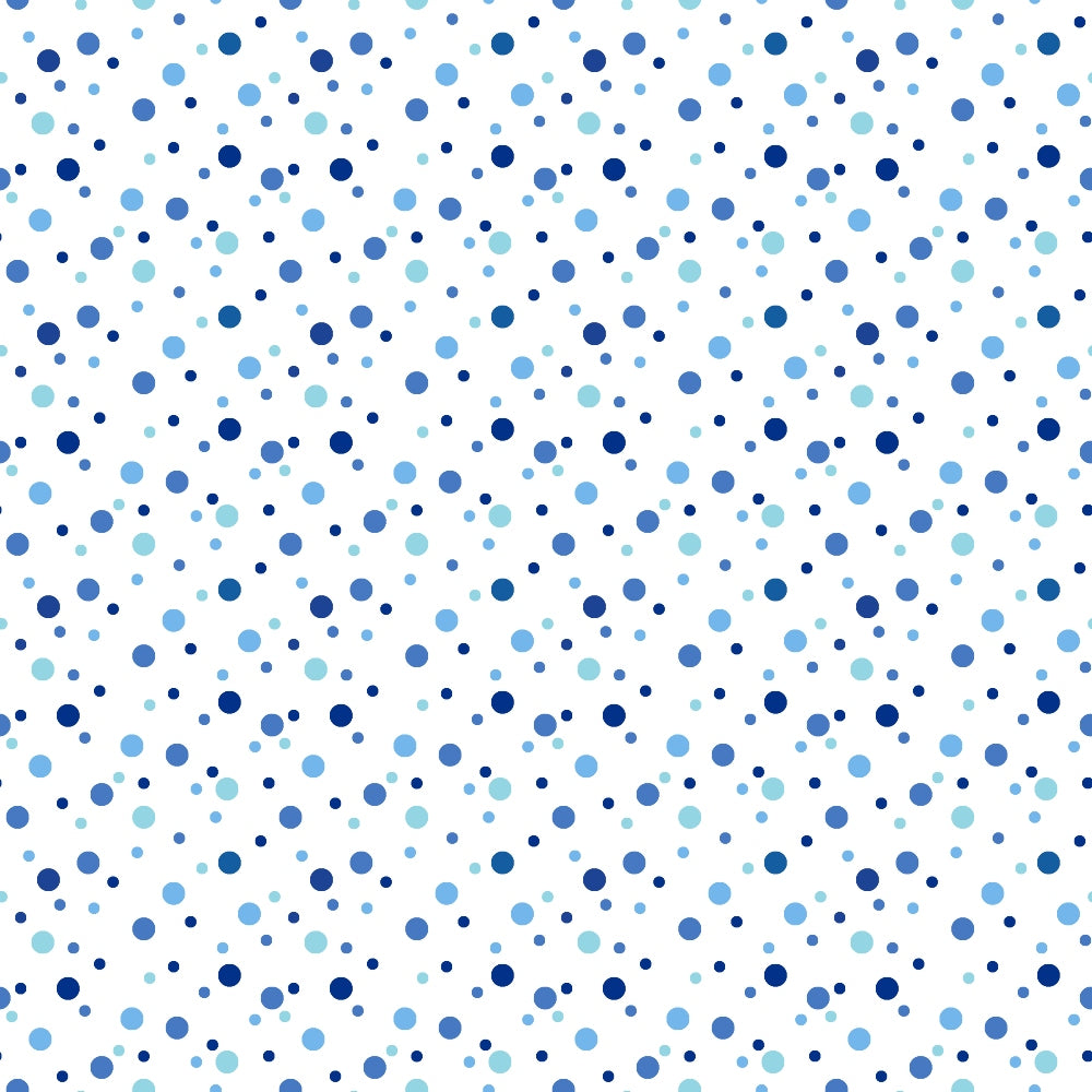 navy blue, light blue, aqua, white background, polka dots, scattered dots, confetti pattern, geometric design,, fabric panel, random placement, multi-sized circles, modern style, cheerful mood, coordinating blues, small scale print, all-over pattern, contemporary design, craft fabric, sewing material