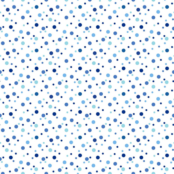 navy blue, light blue, aqua, white background, polka dots, scattered dots, confetti pattern, geometric design,, fabric panel, random placement, multi-sized circles, modern style, cheerful mood, coordinating blues, small scale print, all-over pattern, contemporary design, craft fabric, sewing material