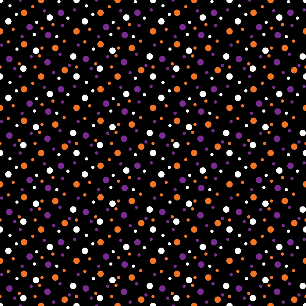black background, white dots, orange dots, purple dots, polka dots, confetti pattern, scattered circles, random placement, halloween colors, geometric design,, fabric panel, small dots, medium dots, playful pattern, festive theme, autumn colors, spooky colors, coordinate fabric, blender print