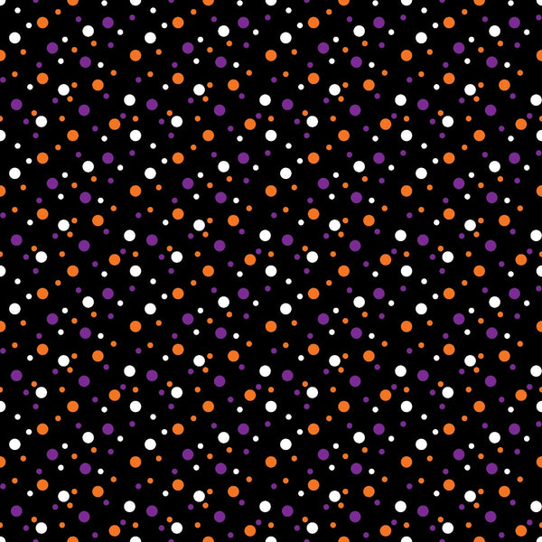 black background, white dots, orange dots, purple dots, polka dots, confetti pattern, scattered circles, random placement, halloween colors, geometric design,, fabric panel, small dots, medium dots, playful pattern, festive theme, autumn colors, spooky colors, coordinate fabric, blender print