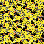 yellow, bright yellow, orange, black, white, rubber ducks, ducks, sunglasses, cool ducks, cartoon style, playful, fun, whimsical, repeating pattern, all-over print,, fabric panel, children's fabric, nursery fabric, summer vibes