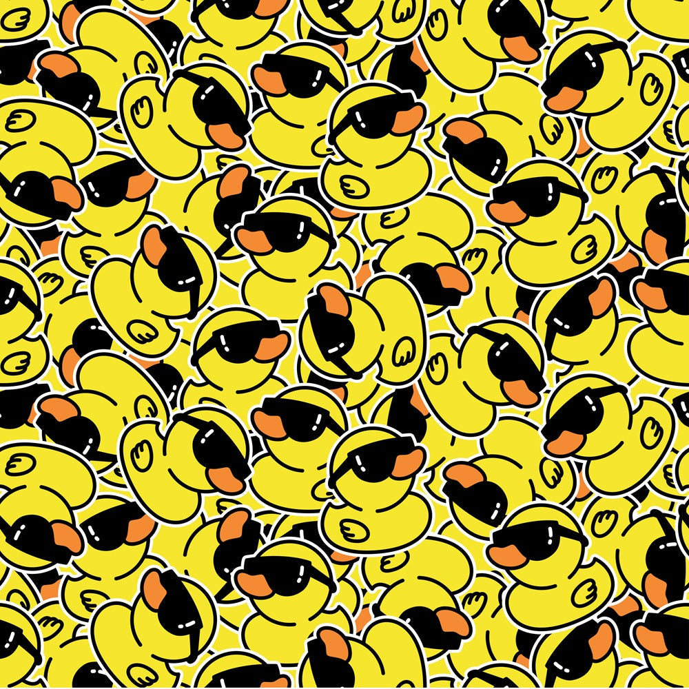 yellow, bright yellow, orange, black, white, rubber ducks, ducks, sunglasses, cool ducks, cartoon style, playful, fun, whimsical, repeating pattern, all-over print,, fabric panel, children's fabric, nursery fabric, summer vibes