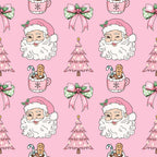 pink background, santa claus, christmas trees, hot chocolate mugs, candy canes, gingerbread cookies, festive bows, holly leaves,, repeating pattern, kawaii style, pastel colors, mint green, christmas theme, holiday motifs, cute illustration, fabric panel, seasonal design, whimsical art, winter elements