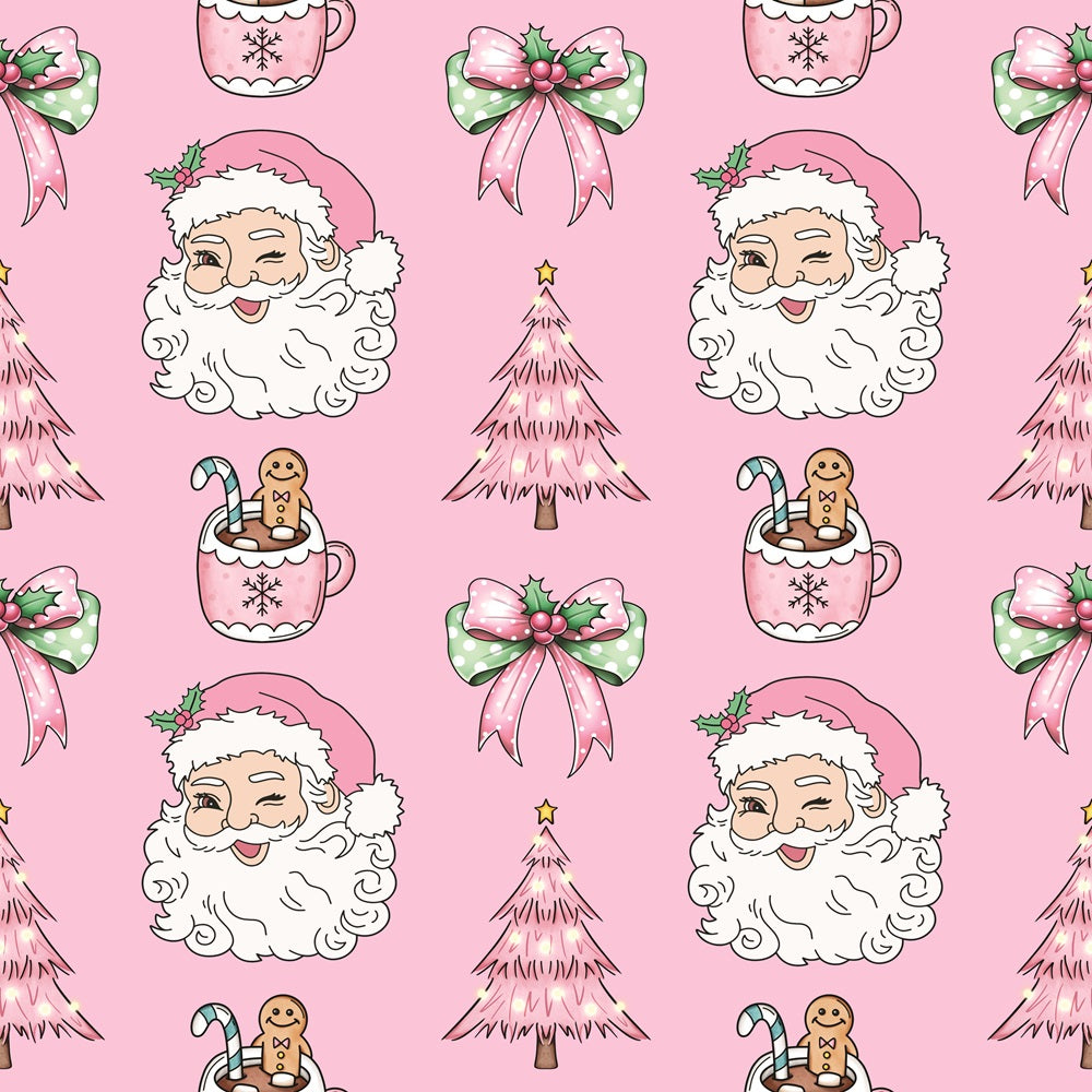 pink background, santa claus, christmas trees, hot chocolate mugs, candy canes, gingerbread cookies, festive bows, holly leaves,, repeating pattern, kawaii style, pastel colors, mint green, christmas theme, holiday motifs, cute illustration, fabric panel, seasonal design, whimsical art, winter elements