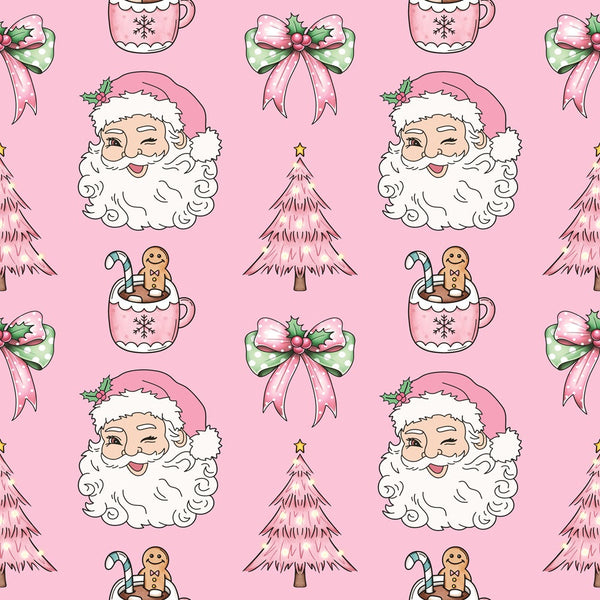 pink background, santa claus, christmas trees, hot chocolate mugs, candy canes, gingerbread cookies, festive bows, holly leaves,, repeating pattern, kawaii style, pastel colors, mint green, christmas theme, holiday motifs, cute illustration, fabric panel, seasonal design, whimsical art, winter elements