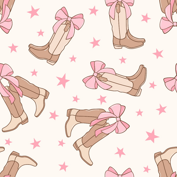 pink, beige, cream, cowgirl boots, western boots, pink bows, stars, coquette aesthetic, girly western, repeating pattern,, fabric panel, cute illustration, country chic, feminine cowboy, boot pattern, starry background, soft pastels, whimsical design