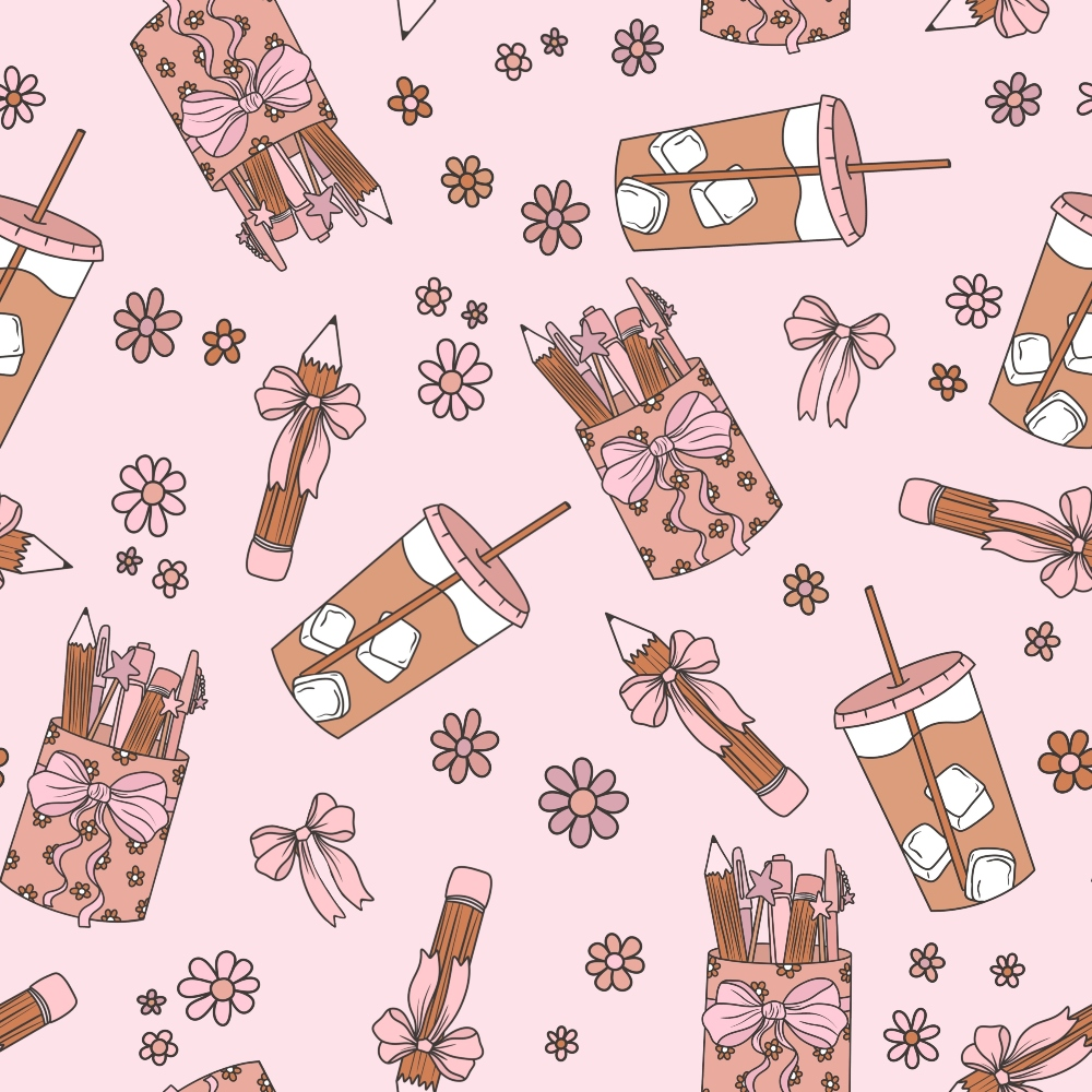 pink background, brown accents, floral pattern, pencil bundles, iced coffee cups, pink bows, ribbon ties, school supplies, cute aesthetic, pastel colors, educational theme, teacher motif,, fabric panel, whimsical design, kawaii style, stationery pattern, craft supplies, soft pink, feminine design