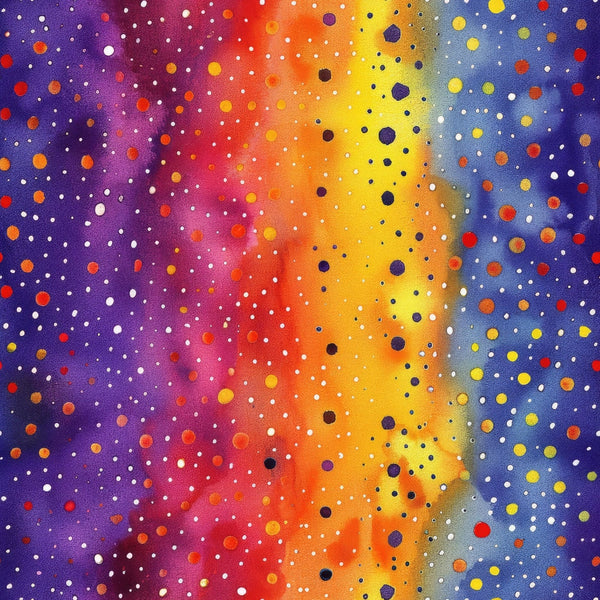 cosmic, galaxy, nebula, space, stars, constellation, purple, magenta, orange, yellow, blue, red, white, gradient, celestial, astronomy, universe, dots, circles, abstract,, fabric panel, vibrant colors, cosmic dance