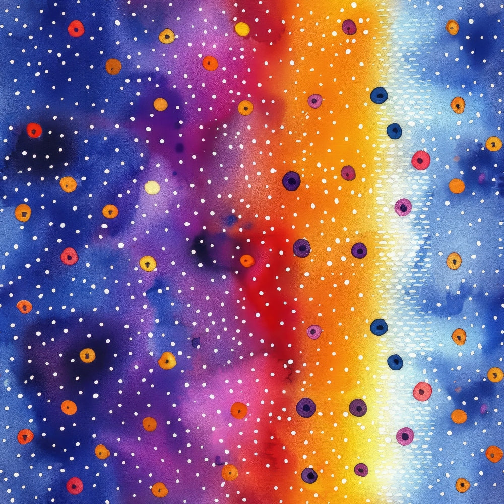 cosmic, space, galaxy, nebula, stars, celestial, navy blue, purple, magenta, orange, yellow, white, gradient, ombre, dotted pattern, circles,, fabric panel, universe, astronomical, vibrant colors, scattered dots, cosmic dance, starfield