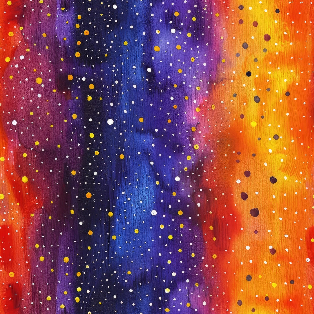 cosmic, galaxy, starfield, nebula, space, celestial, orange, purple, blue, red, yellow, white dots, scattered circles, gradient blend, vibrant colors, astronomy, universe,, fabric panel, cosmic dance, stellar pattern, multicolored, bright hues