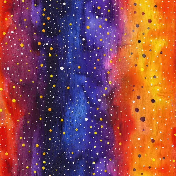 cosmic, galaxy, starfield, nebula, space, celestial, orange, purple, blue, red, yellow, white dots, scattered circles, gradient blend, vibrant colors, astronomy, universe,, fabric panel, cosmic dance, stellar pattern, multicolored, bright hues