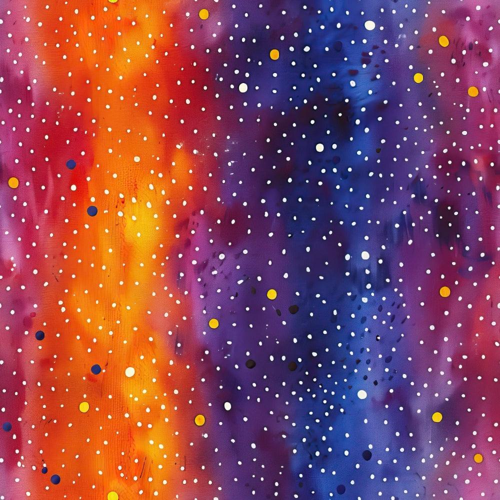 cosmic pattern, space theme, starfield, nebula design, orange gradient, blue gradient, purple hues, magenta tones, yellow accents, white dots, scattered circles, galaxy motif, celestial design, astronomical print,, fabric panel, modern abstract, vibrant colors, cosmic dance, stellar pattern