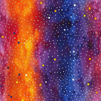 cosmic pattern, space theme, starfield, nebula design, orange gradient, blue gradient, purple hues, magenta tones, yellow accents, white dots, scattered circles, galaxy motif, celestial design, astronomical print,, fabric panel, modern abstract, vibrant colors, cosmic dance, stellar pattern