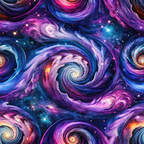 cosmic swirls, galaxy pattern, deep purple, magenta, blue, teal, orange accents, spiral design, nebula print, space theme, starfield, celestial motifs, swirling vortex, astronomical art,, fabric panel, mystical atmosphere, cosmic energy, universe pattern, dimensional spirals