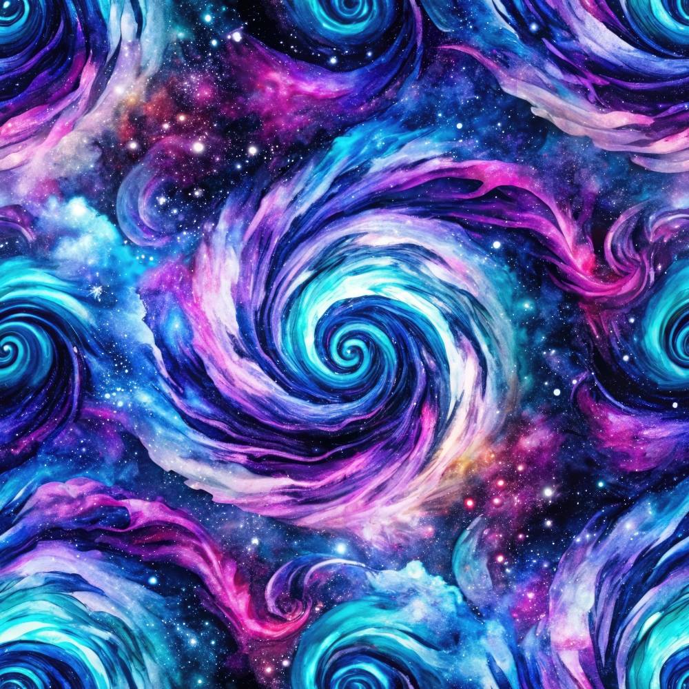 cosmic swirls, galaxy pattern, deep purple, magenta pink, turquoise blue, navy blue, white stars, spiral design, celestial theme, space motif, nebula colors, swirling motion,, fabric panel, starfield, astronomical art, flowing curves, cosmic energy, universe pattern, mystical atmosphere