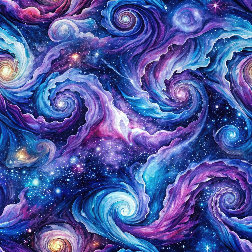 cosmic swirls, galaxy pattern, spiral nebulae, purple fabric, blue hues, starry night, celestial design, space theme,, fabric panel, swirling clouds, astronomical art, deep space, mystical atmosphere, flowing spirals, star clusters, cosmic dust, celestial bodies, dreamy pattern, universe motif