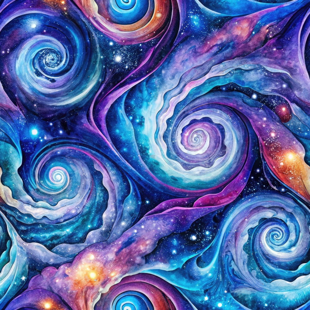 cosmic swirls, galaxy pattern, spiral design, nebula, deep blue, purple, magenta, turquoise, starfield, celestial, space theme, abstract swirls,, fabric panel, dreamy, mystical, flowing curves, cosmic dust, astronomical, watercolor effect