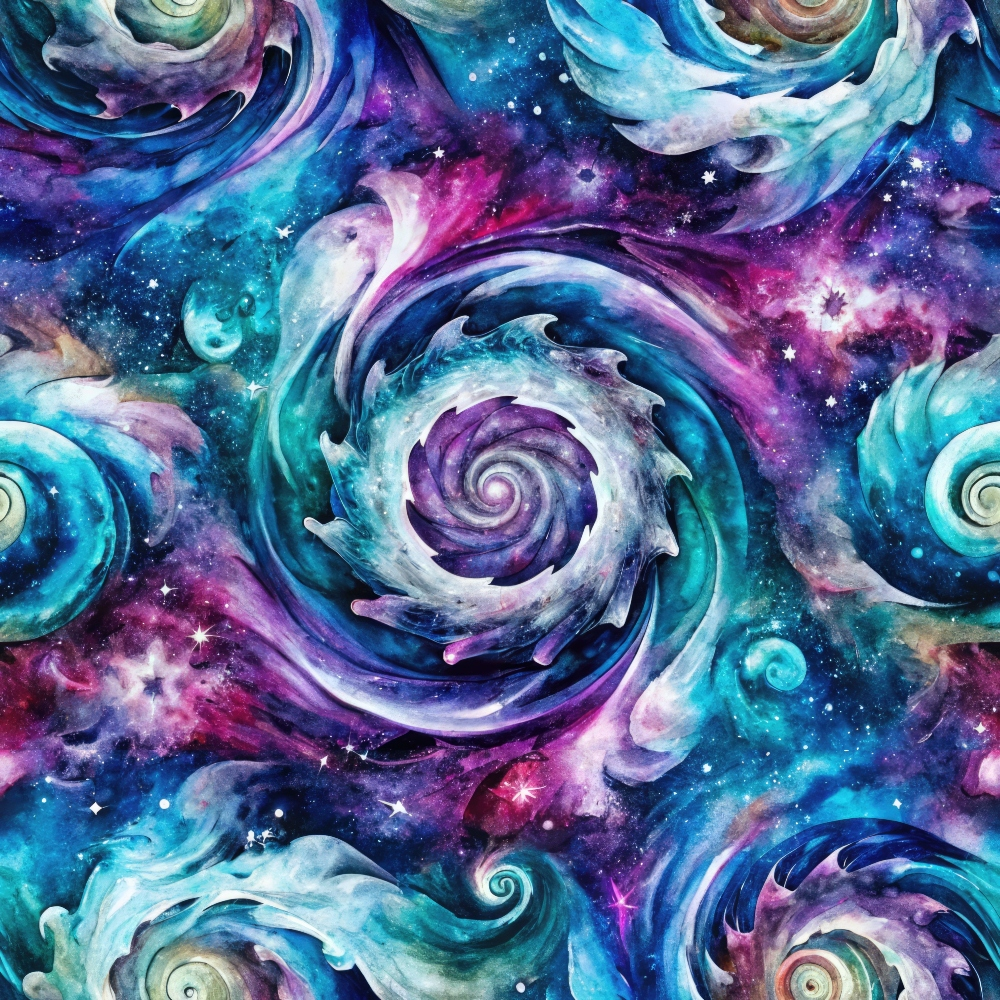 cosmic swirls, galaxy pattern, spiral designs, deep purple, turquoise blue, magenta pink, starry night, celestial theme, space motif, watercolor style, dreamy atmosphere,, fabric panel, nebula colors, whirlpool patterns, astronomical design, mystical mood, cotton fabric, crafting material, universe theme