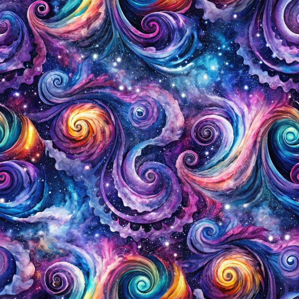 cosmic swirls, galaxy pattern, purple nebula, teal spirals, pink stardust, orange celestial, deep space, swirling motion, starry night, universe design,, fabric panel, cosmic clouds, celestial bodies, space theme, vibrant colors, flowing patterns, astronomical art, cotton fabric, mystical swirls