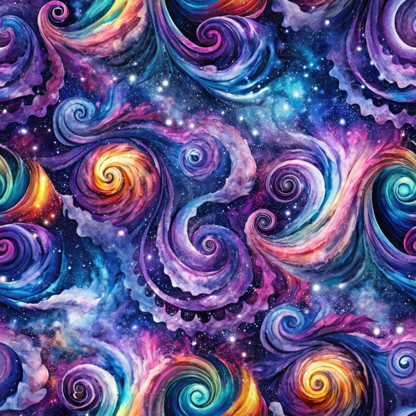 cosmic swirls, galaxy pattern, purple nebula, teal spirals, pink stardust, orange celestial, deep space, swirling motion, starry night, universe design,, fabric panel, cosmic clouds, celestial bodies, space theme, vibrant colors, flowing patterns, astronomical art, cotton fabric, mystical swirls