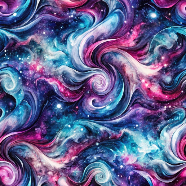 cosmic swirls, galaxy pattern, purple fabric, magenta pink, turquoise blue, deep navy, starry night, nebula design, spiral motifs, space theme, abstract waves, celestial print, flowing curves,, fabric panel, dreamy atmosphere, mystical design, universe pattern, swirling motion, cosmic dust