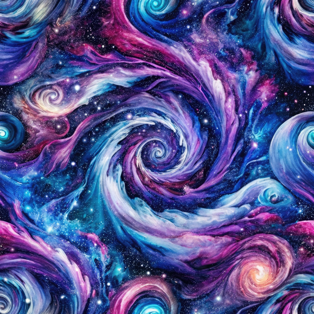 cosmic swirls, galaxy pattern, deep purple, magenta pink, electric blue, turquoise, white highlights, spiral designs, nebula effect, starry night, space theme, astronomical art, swirling motion, celestial bodies, universe pattern,, fabric panel, mystical atmosphere, flowing curves, cosmic energy