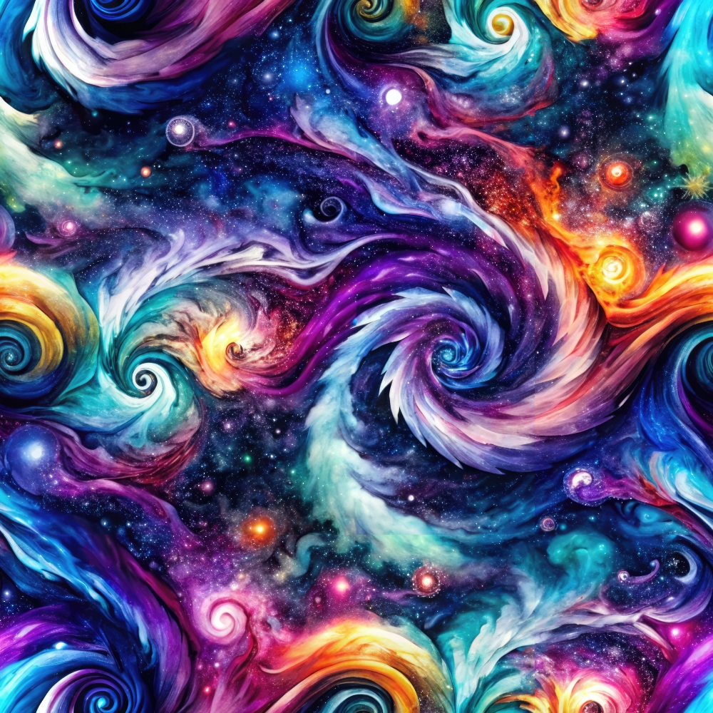 cosmic swirls, galaxy pattern, space theme, nebula design, purple hues, turquoise blue, magenta pink, orange accents, yellow highlights, swirling motifs, celestial bodies, starfield background, flowing curves, mystical atmosphere,, fabric panel, astronomical print, vibrant colors, dreamlike quality, universe pattern