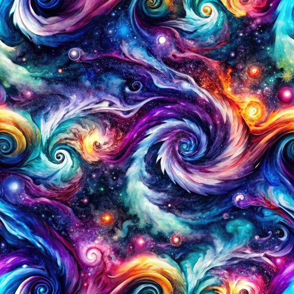 cosmic swirls, galaxy pattern, space theme, nebula design, purple hues, turquoise blue, magenta pink, orange accents, yellow highlights, swirling motifs, celestial bodies, starfield background, flowing curves, mystical atmosphere,, fabric panel, astronomical print, vibrant colors, dreamlike quality, universe pattern