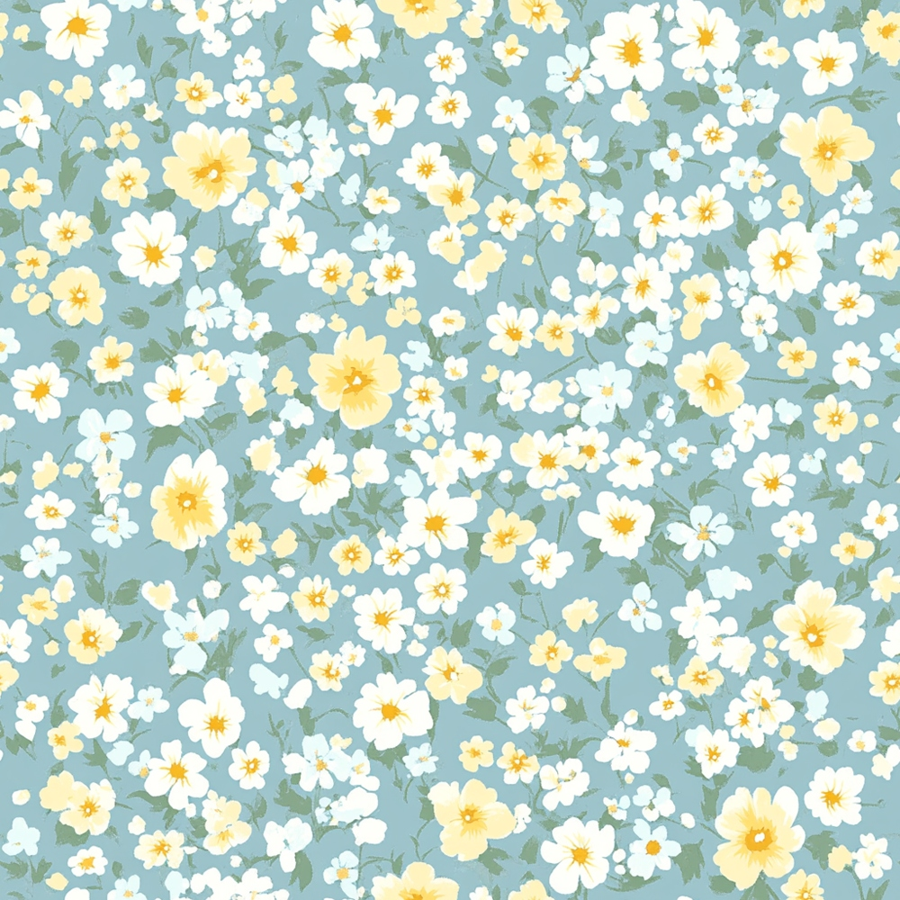 pale blue background, white flowers, yellow flowers, small blooms, ditsy floral, scattered pattern, delicate petals, green leaves, cottagecore aesthetic, vintage style,, fabric panel, spring garden, pastel colors, soft blue, cream yellow, romantic florals, tiny blossoms, whimsical design