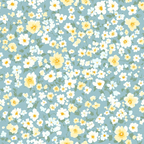 pale blue background, white flowers, yellow flowers, small blooms, ditsy floral, scattered pattern, delicate petals, green leaves, cottagecore aesthetic, vintage style,, fabric panel, spring garden, pastel colors, soft blue, cream yellow, romantic florals, tiny blossoms, whimsical design