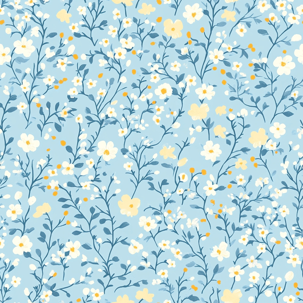 light blue, pale yellow, white flowers, delicate florals, small blooms, branching stems, cottagecore aesthetic, vintage style,, fabric panel, spring flowers, botanical pattern, soft pastels, romantic florals, garden theme, whimsical design, repeating motif, nature inspired, feminine pattern