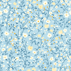 light blue, pale yellow, white flowers, delicate florals, small blooms, branching stems, cottagecore aesthetic, vintage style,, fabric panel, spring flowers, botanical pattern, soft pastels, romantic florals, garden theme, whimsical design, repeating motif, nature inspired, feminine pattern